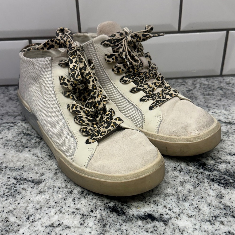Dolce Vita Women Size 7 Zina High Top Sneakers Cream Leopard Print Lace Metallic
